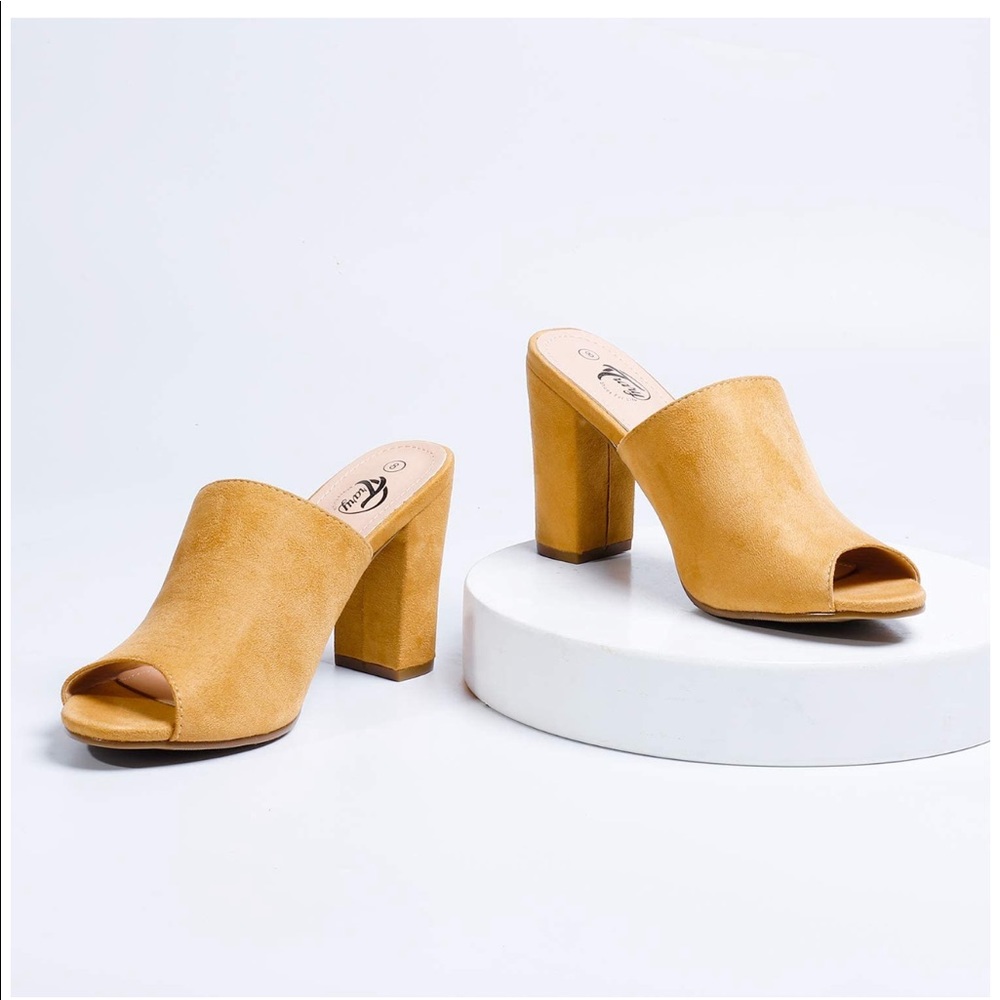 Chunky High Heel Mules Peep Toe Slide Sandals - Picture 5 of 5